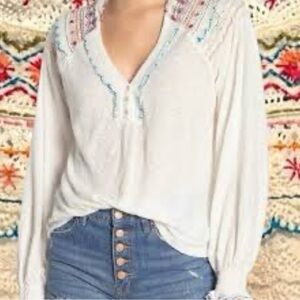 Free People Siesta Fiesta embroidered light tunic top in white Cream Blouse S
